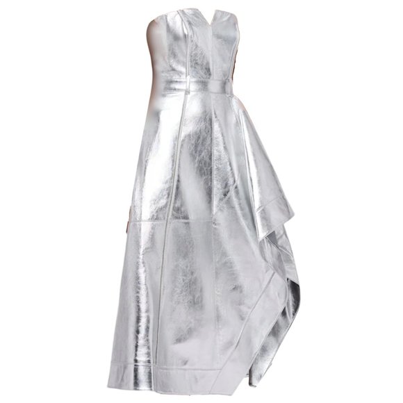 LEO LIN SILVER METALLIC SYBIL LEATHER BUSTIER MIDI DRESS - Picture 2 of 4